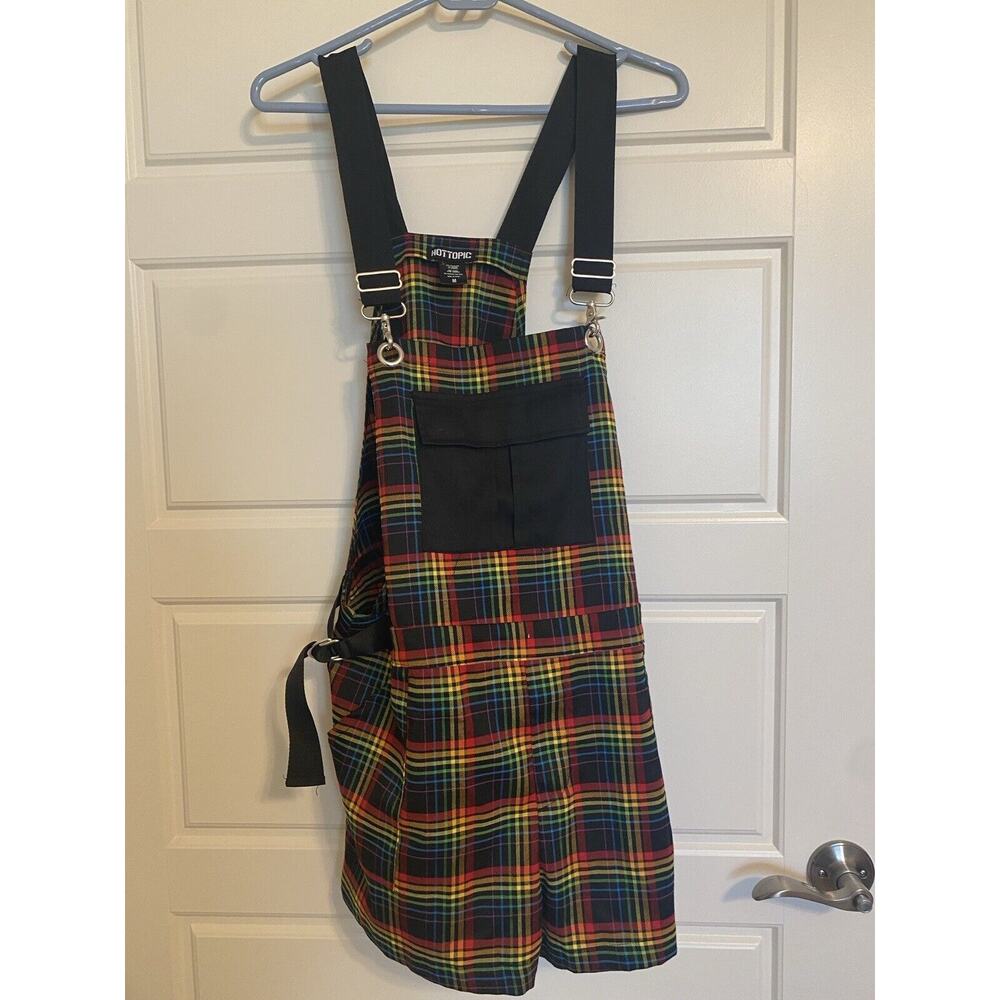 Hot Topic Red Yellow Green Plaid Overall Shorts with Black Straps
